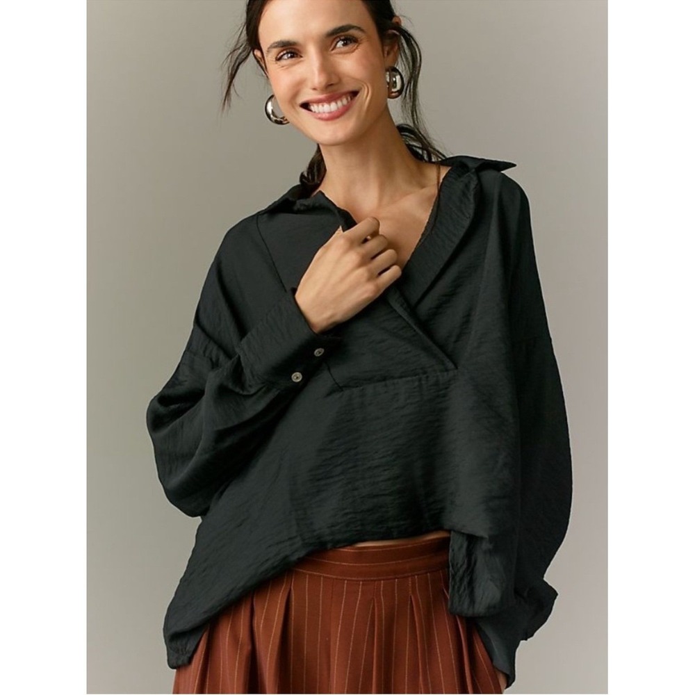 Anthropologie Black The Dylon Long-Sleeve Wide-Placket Collared Size Medium